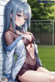 Anime girl with long blue hair sitting on a bench.